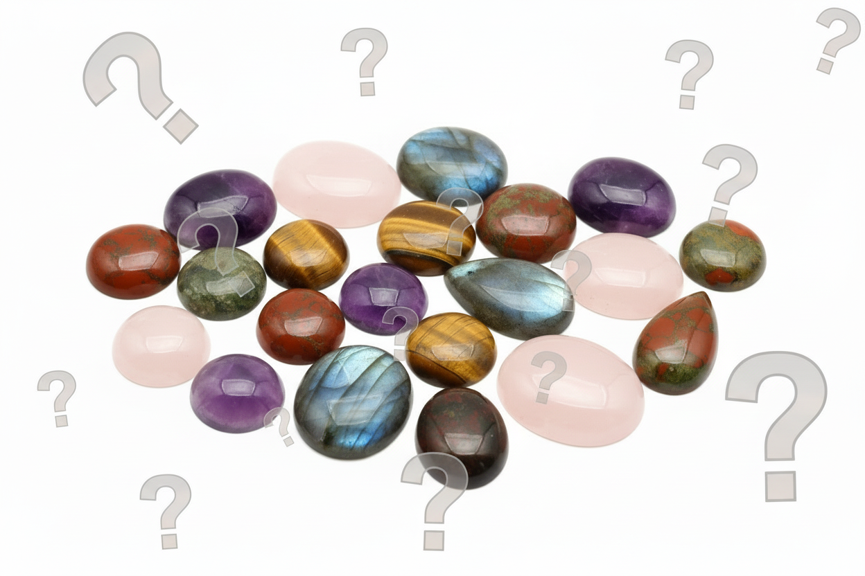 Assorted colorful gemstones with question marks above each one on a white background